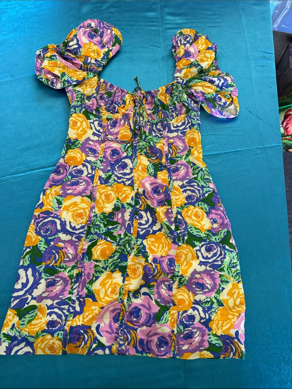 Zara Yellow, Purple & Green Floral Puff-Sleeve Mini Dress